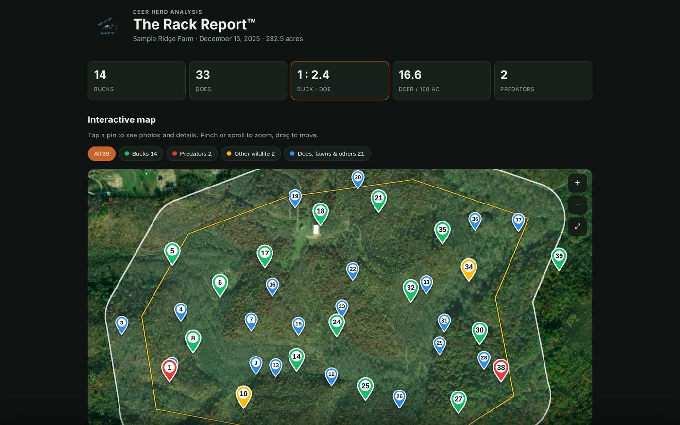 The Rack Report interactive map showing buck, doe and predator pins on a sample property